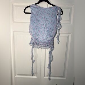 Y2K Lush Light Blue Floral Ruched Tie-Detail Crop Top
